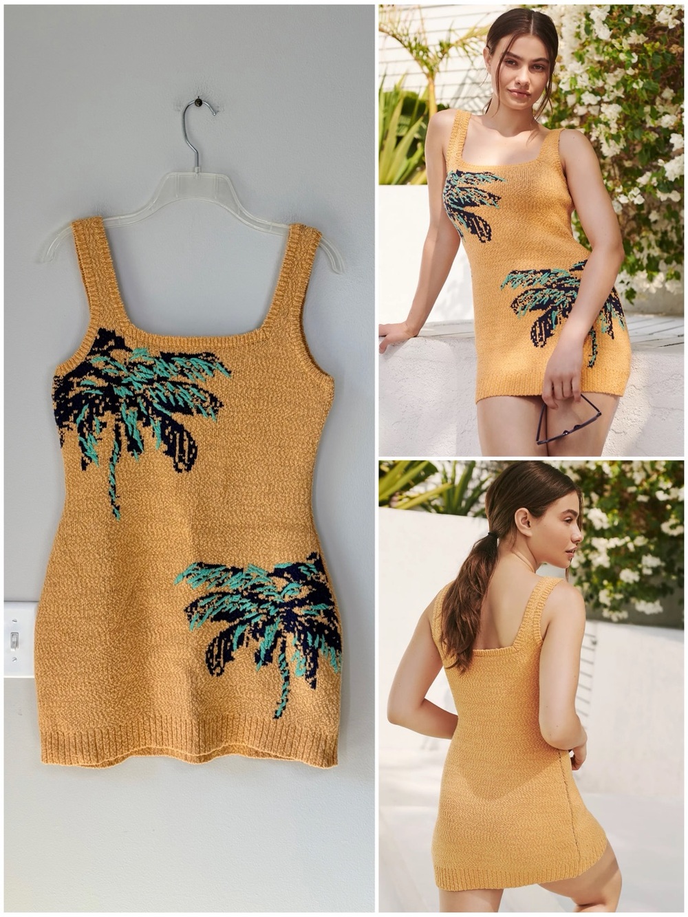 By Anthropologie Mustard Yellow Palm Patterned Sweater Mini Dress